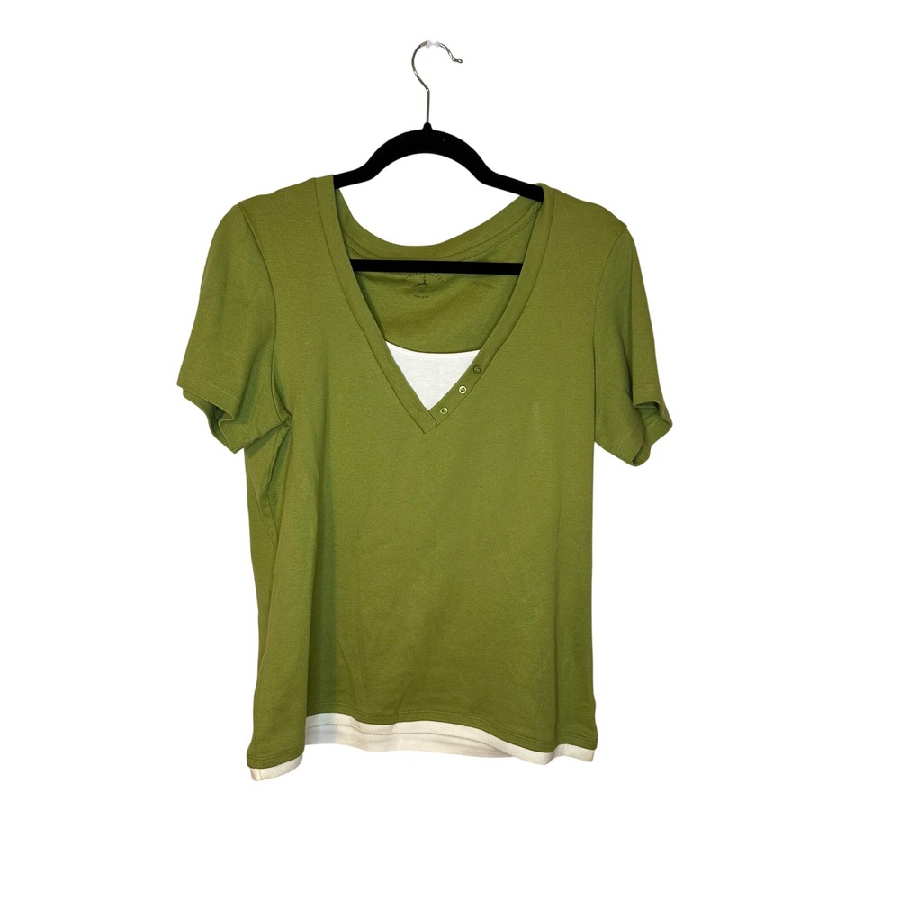 White‎ Stag Women's Avocado Green Twist Layered Look V Neck Short Sleeve Tee